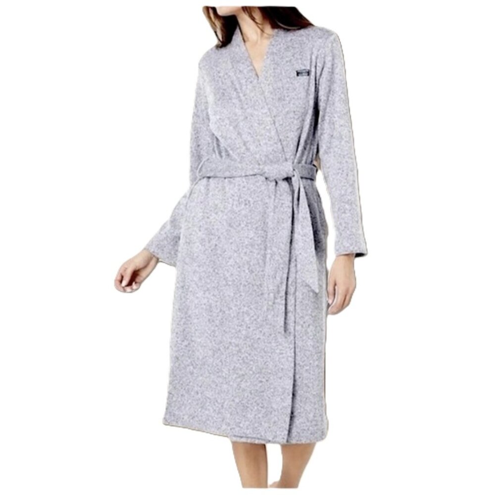 LL BEAN Bath Robe Womens M Blue Lightweight Sweater Fleece Wrap Pockets Tie Belt
